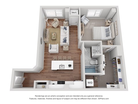 The A4 floor plan is 1 Bed, 1 Bath at 808 Sq. Ft.
From the entry door, to the left is the kitchen, followed by the dining area and living room. From the entry door, to the right is the washer/dryer closet, followed by the bathroom, bedroom, and living area.